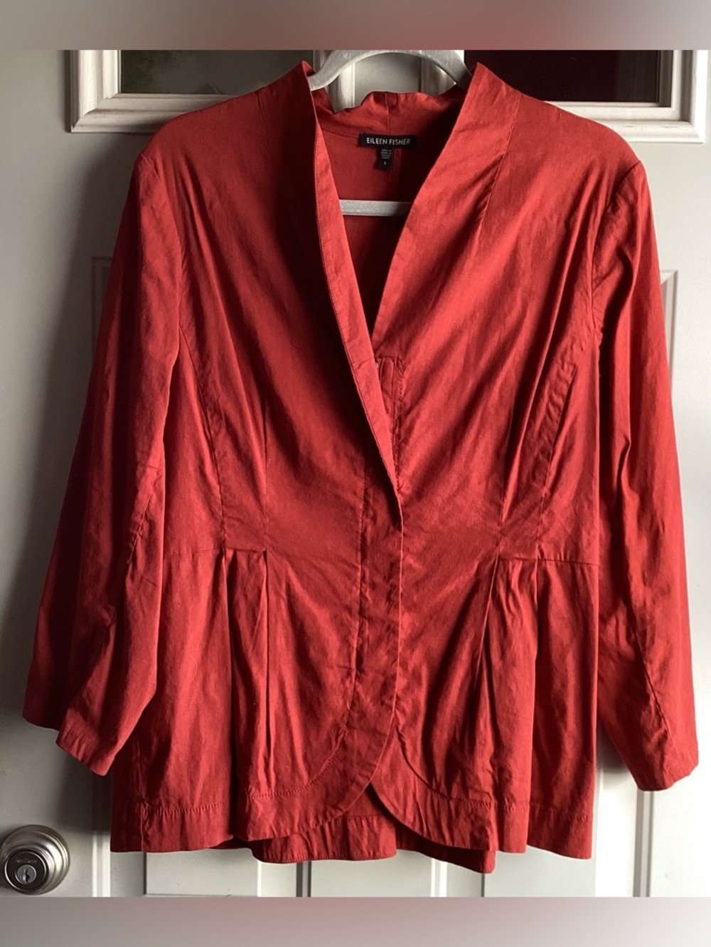 Eileen Fisher Red Lightweight Open Blazer Jacket linen Blend High Collar Fullzip